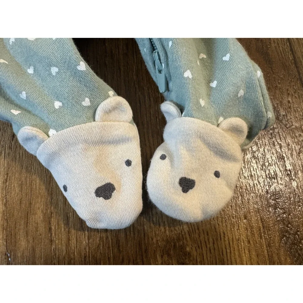 Baby Girl Preemie Outfit Footie‎ Sleeper Heart Bear Green 2 Way Zipper Clothes